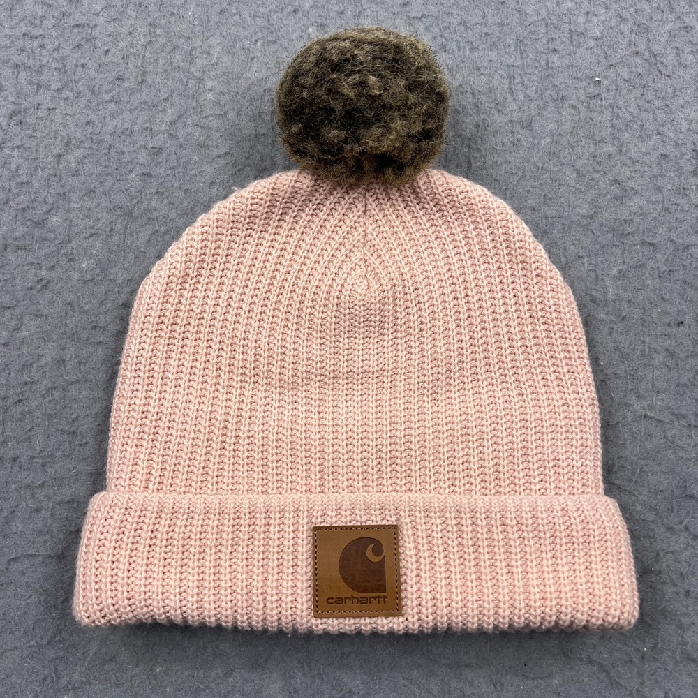 Carhartt Women's Knit Fleece Lined Pom Pom Hat Pink Winter Ribbed Beanie‎ 104401